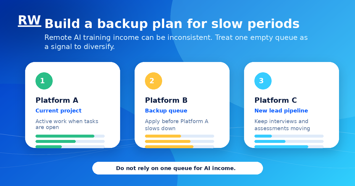 Graphic showing why remote AI workers should stack multiple platforms to handle slow project periods — Remote Work Union