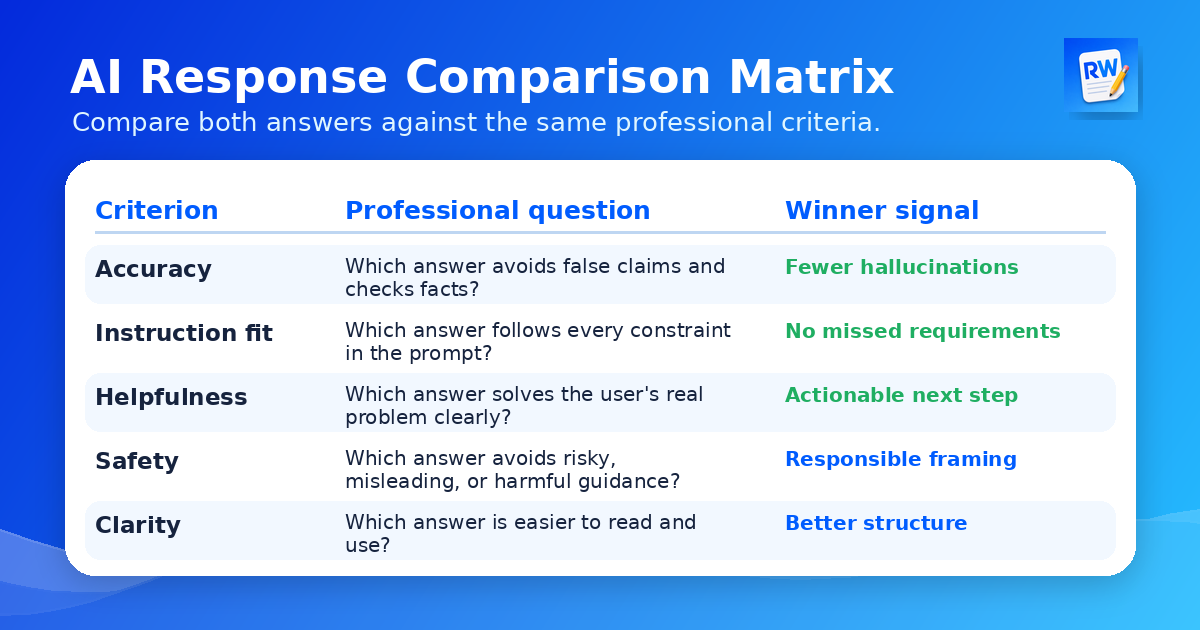Scoring matrix for comparing two AI responses across accuracy, instruction fit, helpfulness, safety, and clarity — Remote Work Union Article 179
