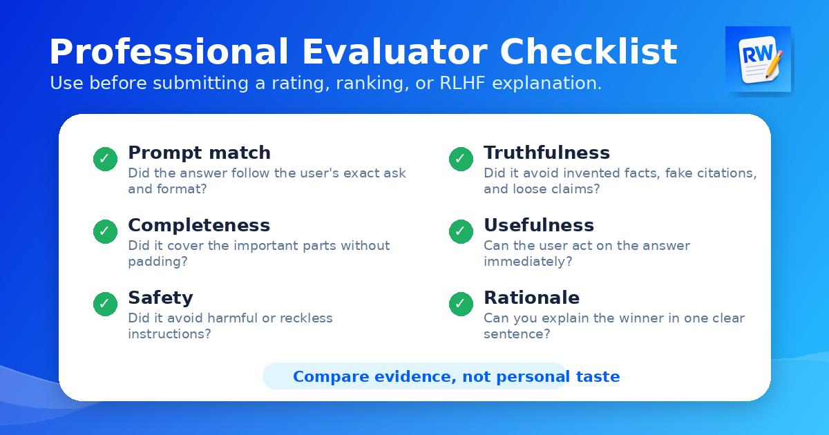 Professional evaluator checklist for AI response ranking and RLHF rating tasks — Remote Work Union Article 179