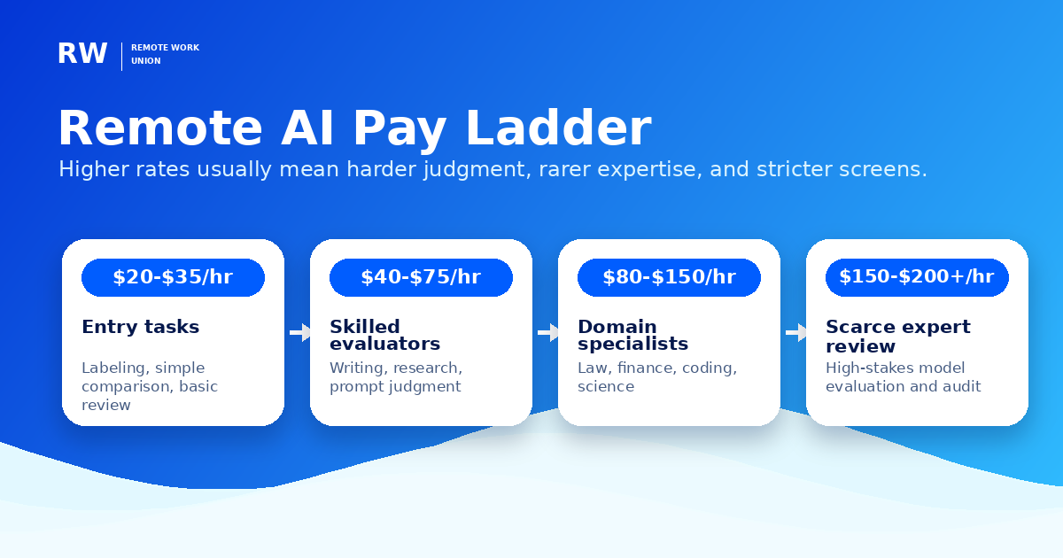 Pay ladder graphic showing entry to expert remote AI work — from basic data annotation to specialist model evaluation.