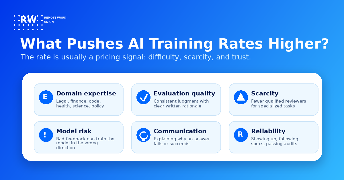 Rate factors matrix showing why some AI training projects pay more — domain expertise, evaluation quality, scarcity, risk, writing clarity, reliability.