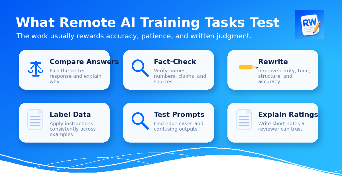 Grid of common remote AI training tasks including compare answers, fact-check, rewrite, label data, test prompts, and explain ratings
