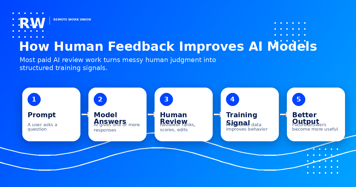 How Human Feedback Improves AI Models — Most paid AI review work turns messy human judgment into structured training signals. 5 steps: 1. Prompt (a user asks a question), 2. Model Answers (AI gives one or more responses), 3. Human Review (reviewer ranks, scores, edits), 4. Training Signal (preference data improves behavior), 5. Better Output (future answers become more useful).