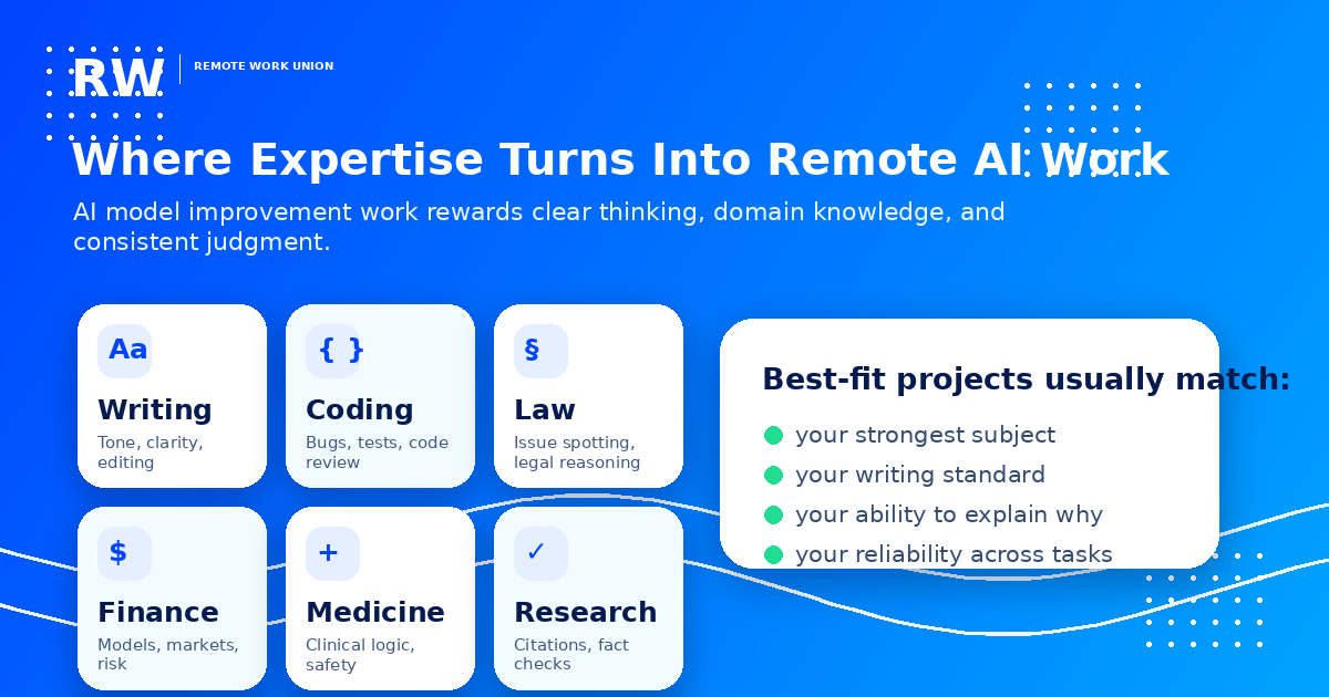 Where Expertise Turns Into Remote AI Work — AI model improvement work rewards clear thinking, domain knowledge, and consistent judgment. Writing (tone, clarity, editing), Coding (bugs, tests, code review), Law (issue spotting, legal reasoning), Finance (models, markets, risk), Medicine (clinical logic, safety), Research (citations, fact checks). Best-fit projects usually match: your strongest subject, your writing standard, your ability to explain why, your reliability across tasks.