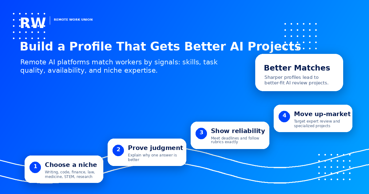 Build a Profile That Gets Better AI Projects — Remote AI platforms match workers by signals: skills, task quality, availability, and niche expertise. 4 steps: 1. Choose a niche (writing, code, finance, law, medicine, STEM, research), 2. Prove judgment (explain why one answer is better), 3. Show reliability (meet deadlines and follow rubrics exactly), 4. Move up-market (target expert review and specialized projects). Better Matches: Sharper profiles lead to better-fit AI review projects.