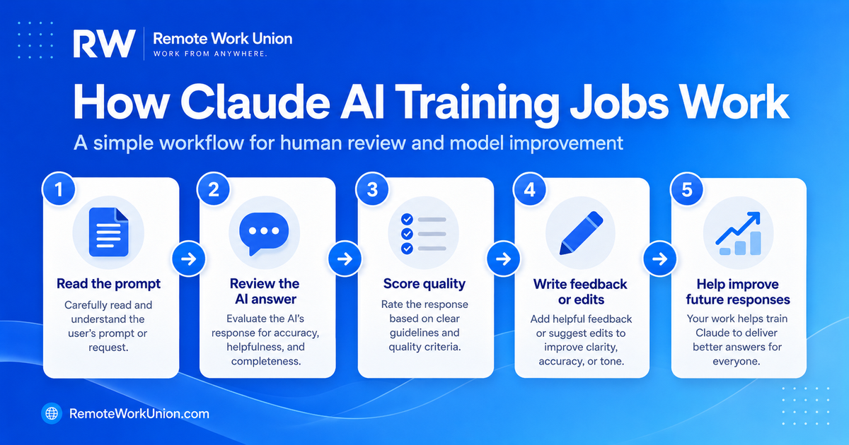 Five-step workflow for Claude AI training jobs: read prompt, review AI answer, score quality, write feedback, help improve future responses — Remote Work Union Article 86