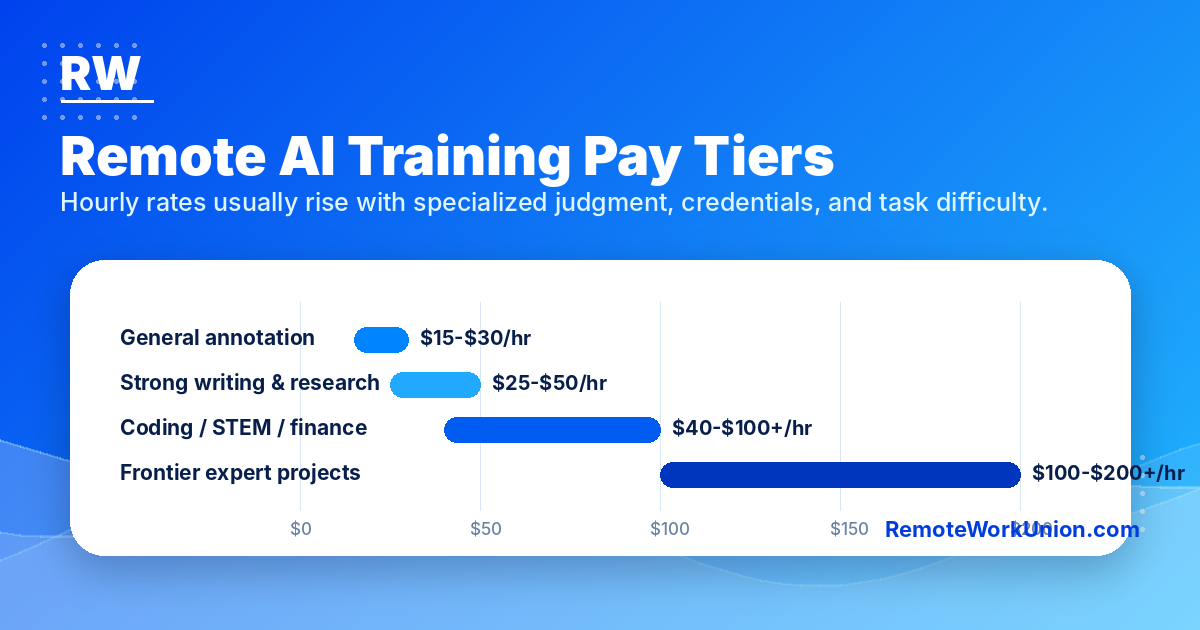 Chart showing typical AI training pay tiers by task category from annotation to expert evaluation — Remote Work Union Article 203
