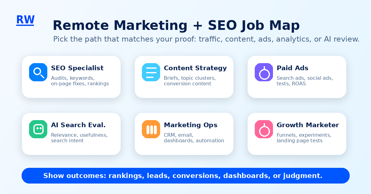 Visual map of remote marketing and SEO job categories for work from home professionals — Remote Work Union Article 205