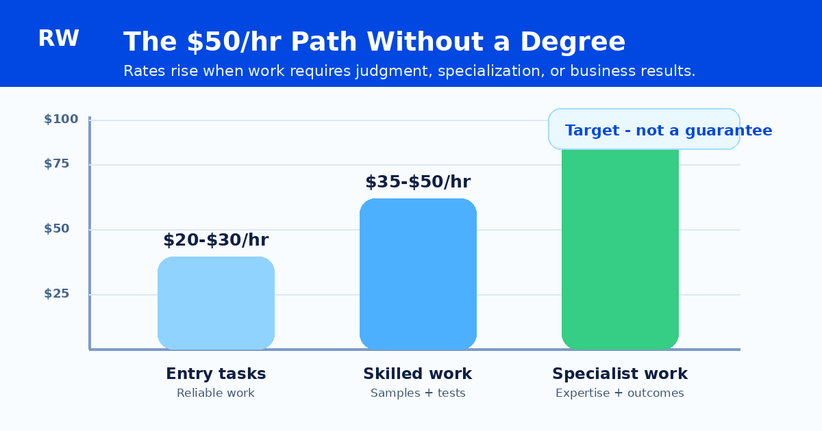 Pay ladder chart for no-degree remote jobs from entry level to $50+ per hour — Remote Work Union Article 206