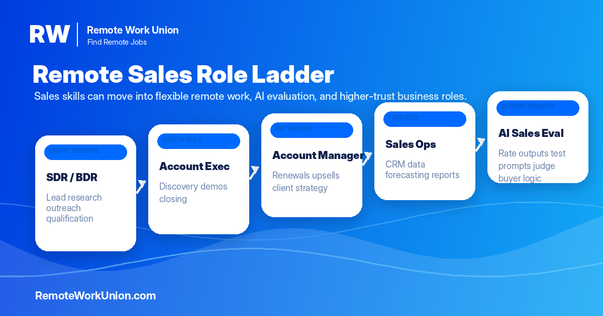 Remote sales role ladder showing progression from SDR to AE to account manager to sales ops to AI training