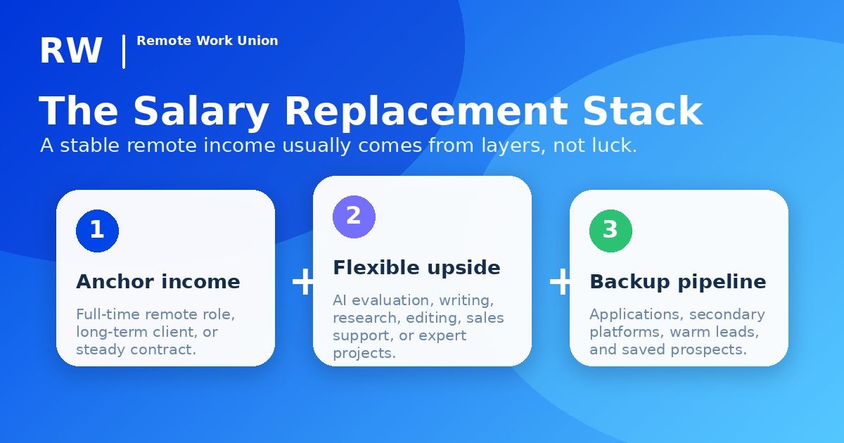 Salary replacement stack showing three layers: anchor income, flexible upside, and backup pipeline