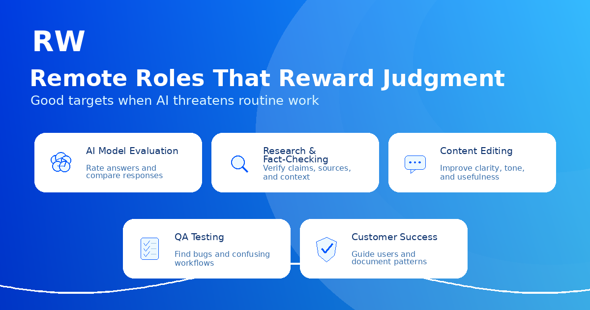 Cards showing remote roles that reward human judgment including AI model evaluation, research, content editing, QA testing, and customer success
