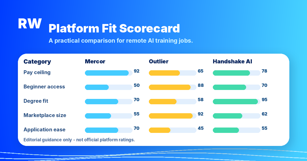 Platform fit scorecard: editorial comparison of Mercor, Outlier, and Handshake AI across pay ceiling, beginner access, degree fit, marketplace size, and application ease.