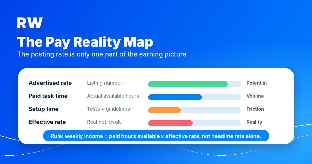 Outlier AI pay reality map showing advertised rate, available task time, setup time, and effective hourly pay. Rule: weekly income equals paid hours available times effective rate, not headline rate alone.