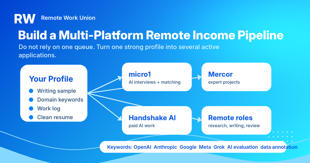 Multi-platform remote income pipeline showing how one strong profile supports applications across micro1, Mercor, Handshake AI, and other remote roles