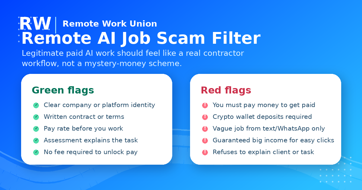 Green flags and red flags for remote AI job listings — scam filter guide.