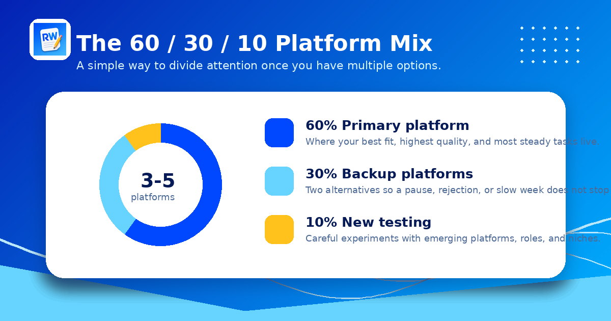 60/30/10 platform mix dashboard showing primary, backup, and testing platform allocation