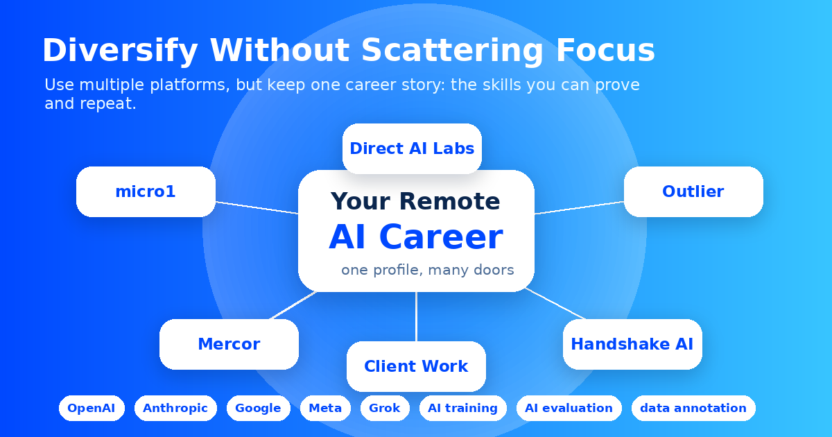 Platform diversification map showing how to spread remote AI work across micro1, Mercor, Handshake AI, and Outlier