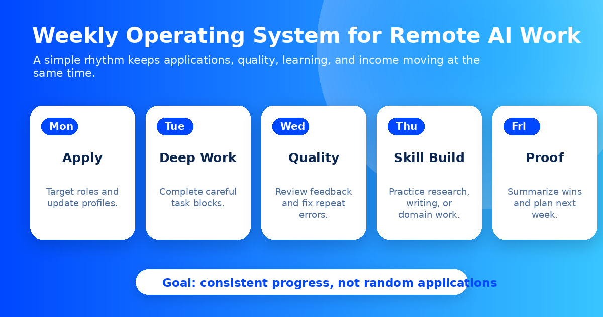 Weekly operating system for remote AI workers showing how to balance applications, task work, feedback review, and skill building