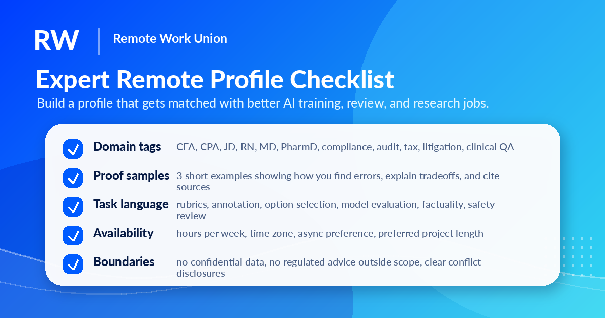 Expert Remote Profile Checklist — Build a profile that gets matched with better AI training, review, and research jobs. Domain tags (CFA, CPA, JD, RN, MD, PharmD, compliance, audit, tax, litigation, clinical QA), Proof samples (3 short examples showing how you find errors, explain tradeoffs, and cite sources), Task language (rubrics, annotation, option selection, model evaluation, factuality, safety review), Availability (hours per week, time zone, async preference, preferred project length), Boundaries (no confidential data, no regulated advice outside scope, clear conflict disclosures).