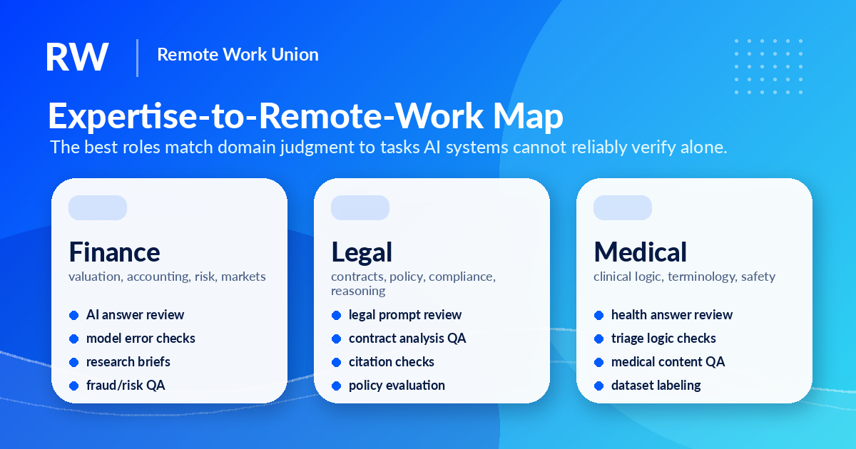 Expertise-to-Remote-Work Map — The best roles match domain judgment to tasks AI systems cannot reliably verify alone. Finance (valuation, accounting, risk, markets): AI answer review, model error checks, research briefs, fraud/risk QA. Legal (contracts, policy, compliance, reasoning): legal prompt review, contract analysis QA, citation checks, policy evaluation. Medical (clinical logic, terminology, safety): health answer review, triage logic checks, medical content QA, dataset labeling.