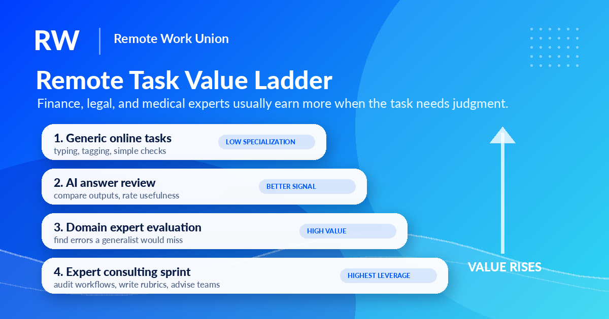 Remote Task Value Ladder — Finance, legal, and medical experts usually earn more when the task needs judgment. 1. Generic online tasks (LOW SPECIALIZATION): typing, tagging, simple checks. 2. AI answer review (BETTER SIGNAL): compare outputs, rate usefulness. 3. Domain expert evaluation (HIGH VALUE): find errors a generalist would miss. 4. Expert consulting sprint (HIGHEST LEVERAGE): audit workflows, write rubrics, advise teams.