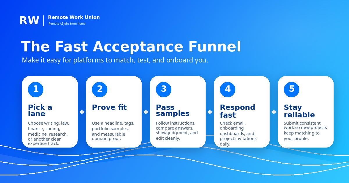 Five-step fast acceptance funnel for remote AI training jobs: pick a lane, prove fit, pass samples, respond fast, stay reliable — Remote Work Union Article 46
