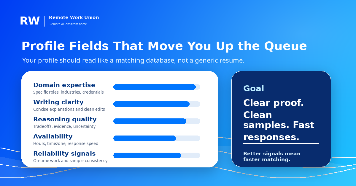 Profile scorecard showing fields that move AI training applicants up the matching queue: domain expertise, writing clarity, reasoning quality, availability, reliability signals — Remote Work Union Article 46