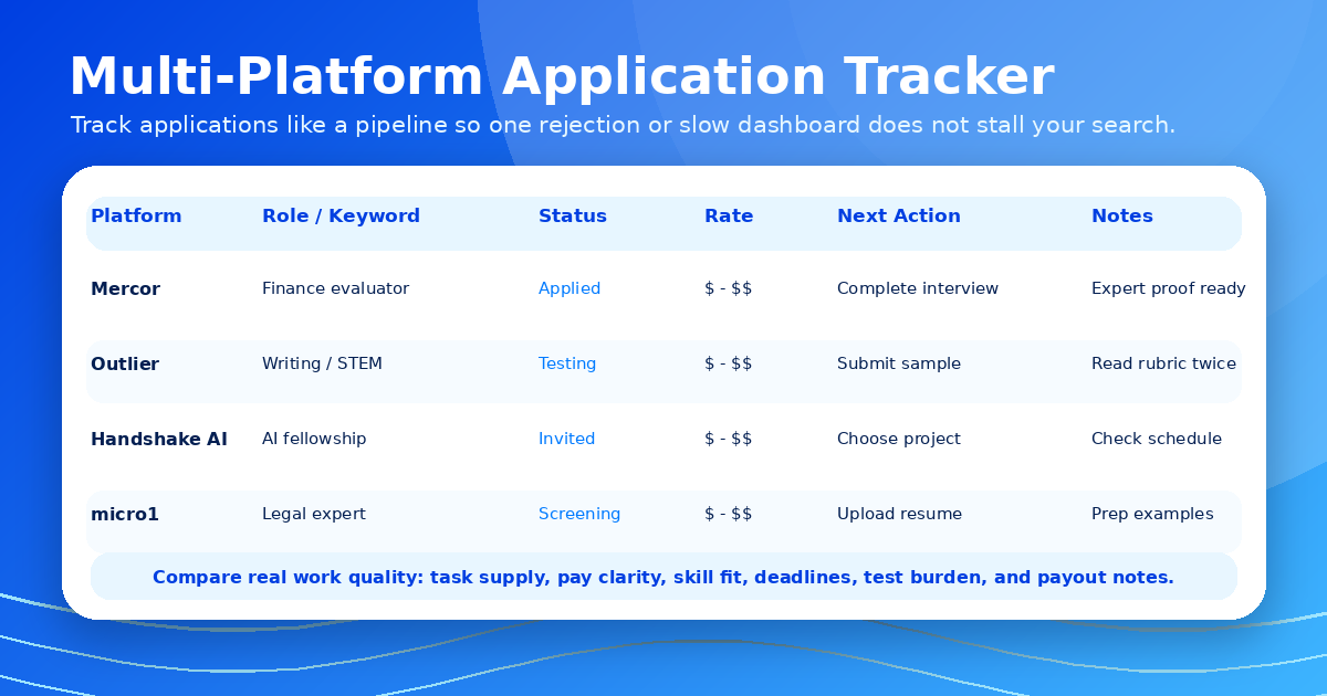 Multi-platform application tracker for managing progress across Mercor, Outlier, Handshake AI, and micro1 remote AI work platforms