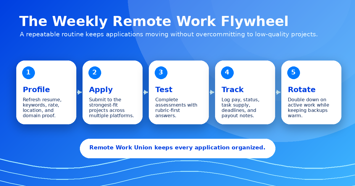 Weekly remote work flywheel showing how consistent platform activity across Mercor, Outlier, Handshake AI, and micro1 builds momentum for better AI project matches