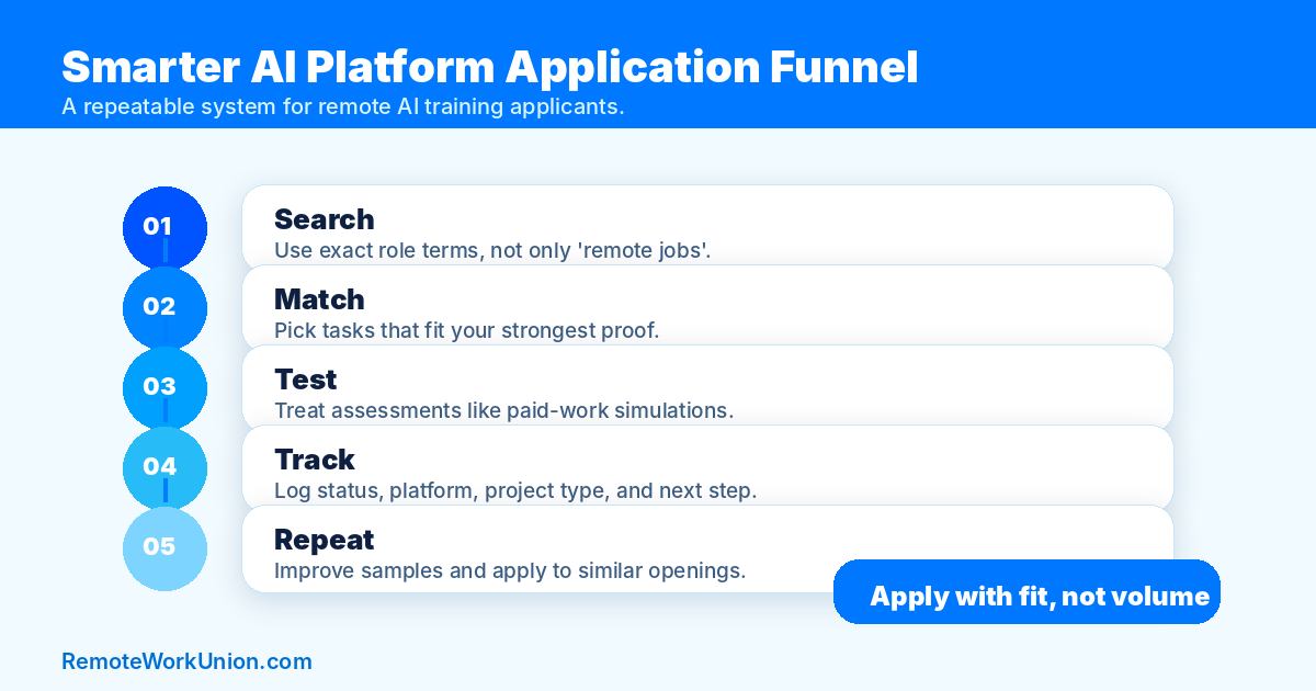 Application funnel for finding and applying to AI training platforms — Remote Work Union Article 64