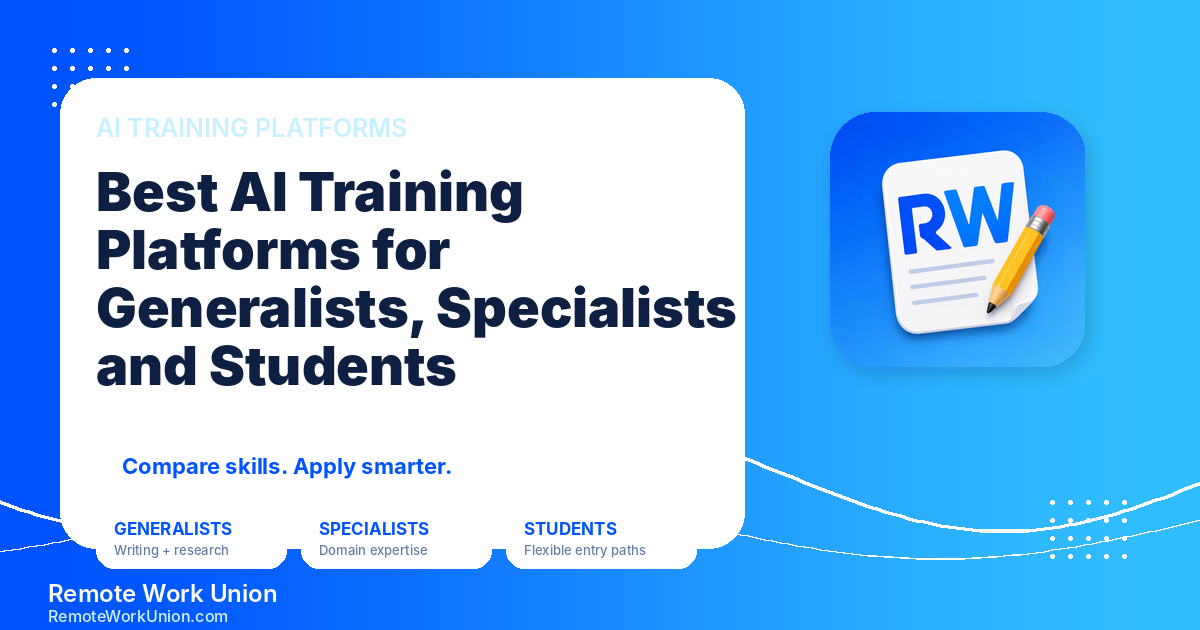 Remote Work Union branded graphic for best AI training platforms for generalists, specialists, and students — Article 64
