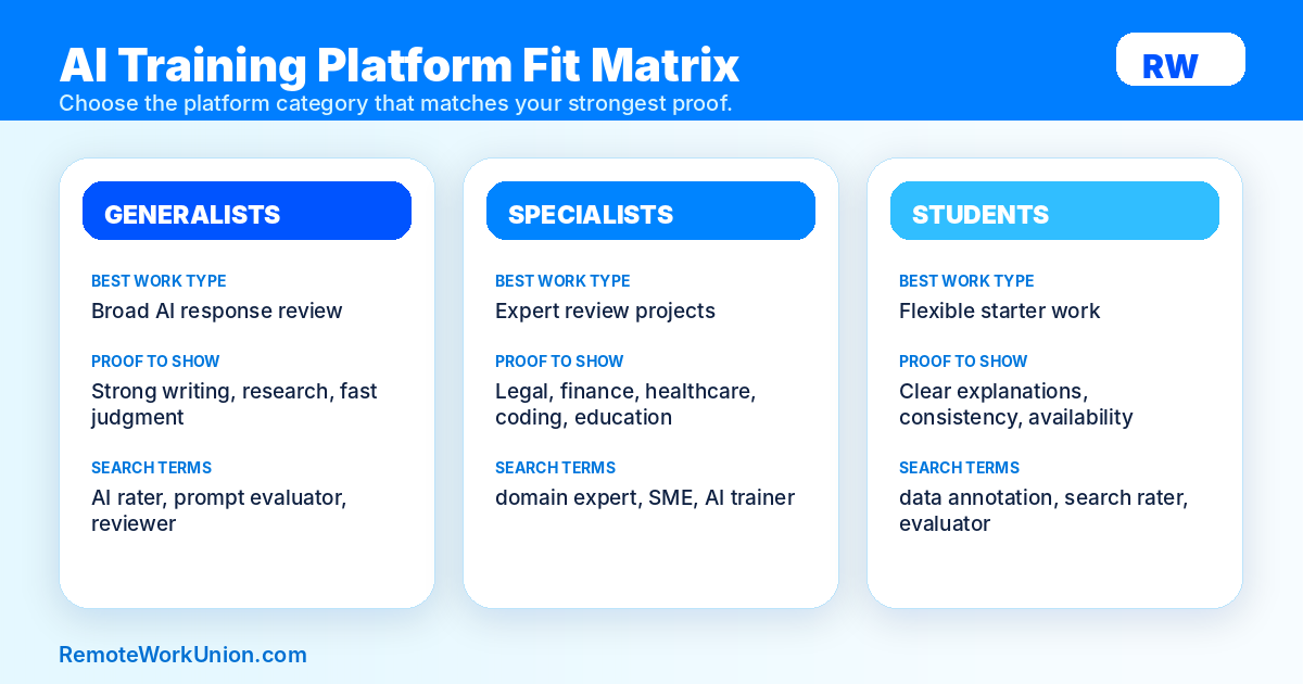 AI training platform fit matrix comparing generalists, specialists, and students — Remote Work Union Article 64