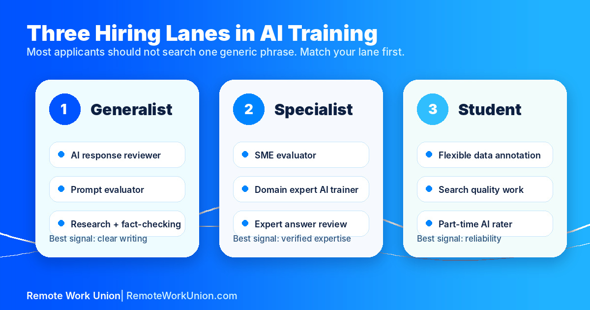 Three hiring lanes in AI training: generalist, specialist, and student — Remote Work Union Article 64