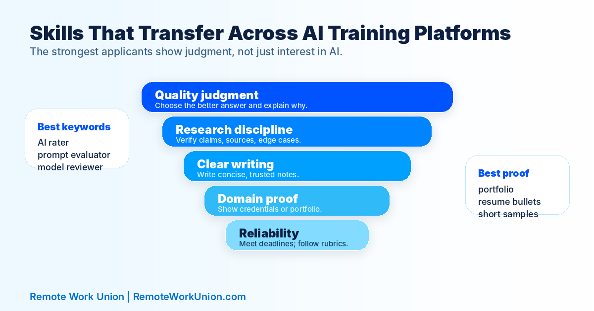 Transferable skills stack for AI training platform applicants — Remote Work Union Article 64
