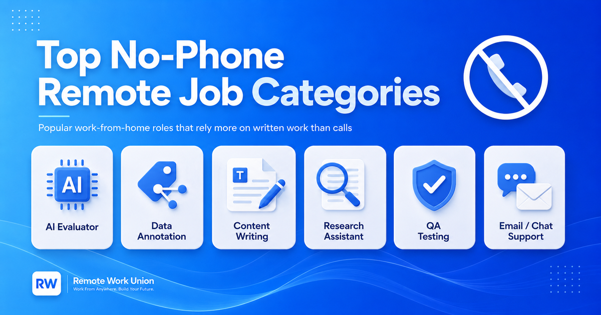 Top no-phone remote job categories including AI evaluation, data annotation, and content writing — Remote Work Union Article 67