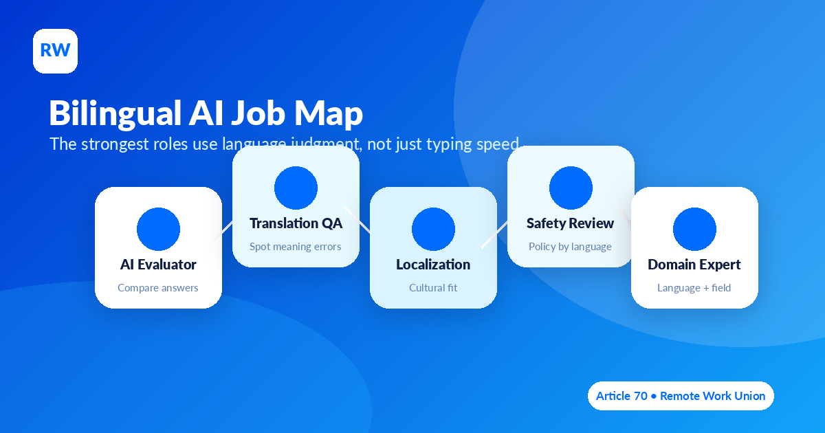 Bilingual AI job map showing language evaluation, translation review, and localization roles — Remote Work Union Article 70