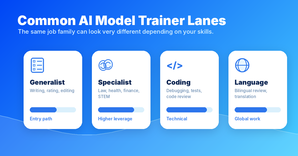 Comparison chart of generalist, specialist, coding, and language AI model trainer lanes — Remote Work Union Article 72