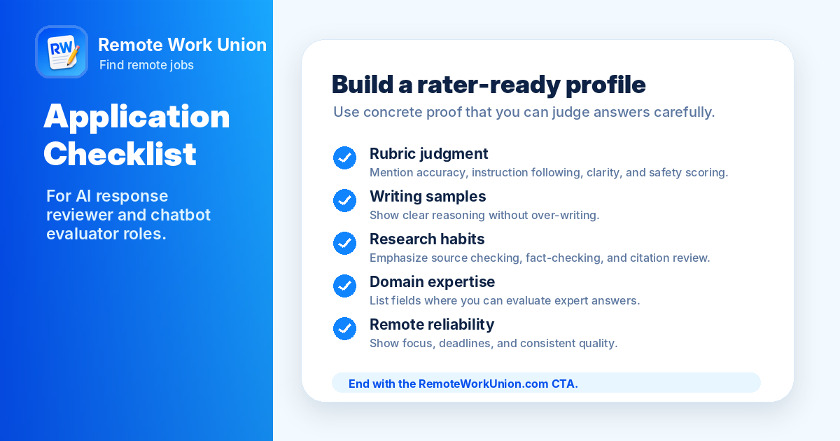 Application checklist for AI response reviewer and chatbot evaluator jobs — Remote Work Union Article 74