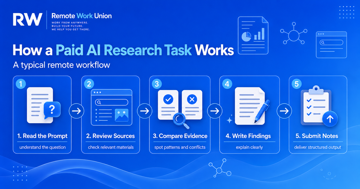 Workflow infographic showing five steps of a paid AI research task from prompt reading to submitted notes — Remote Work Union Article 79