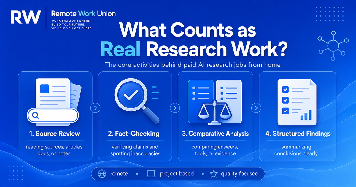 Infographic showing source review, fact-checking, comparative analysis, and structured findings as core AI research work — Remote Work Union Article 79