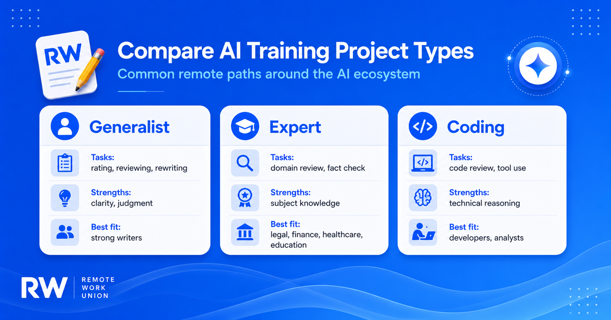 Comparison of AI training project types: generalist evaluation, search quality, domain expert review, and coding evaluation — Remote Work Union Article 87