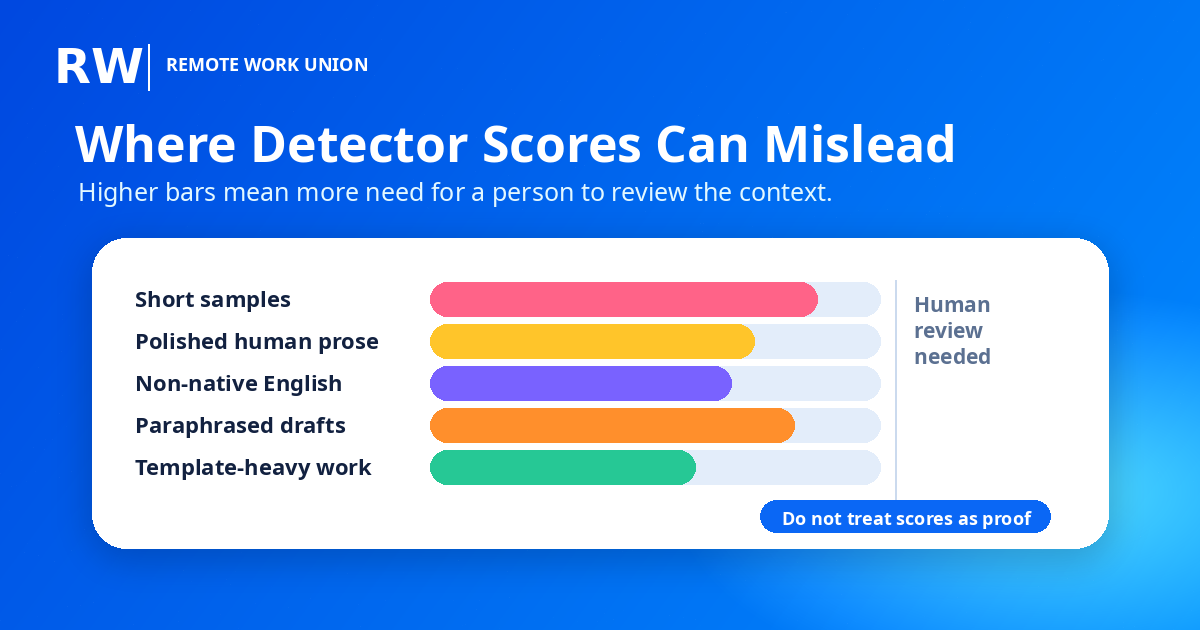 Chart showing scenarios where AI detector scores require extra human review, including short samples and polished human prose — Remote Work Union Article 90