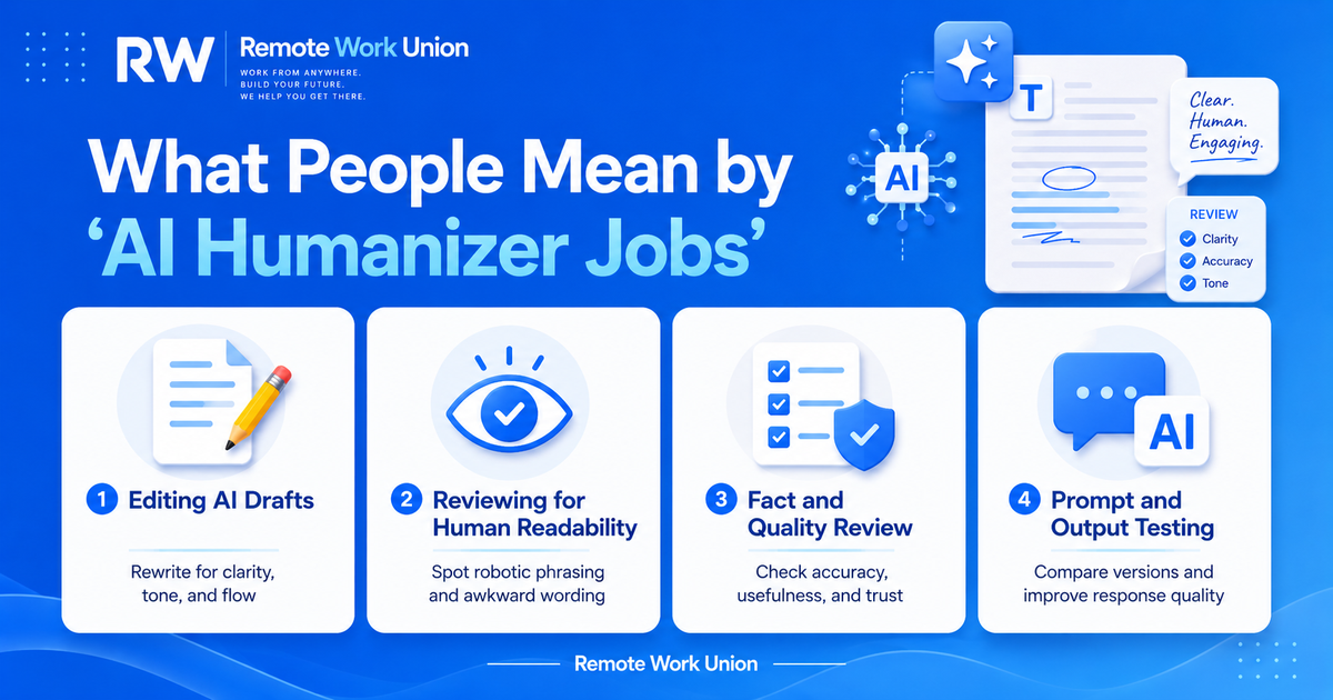 Overview of what AI humanizer jobs actually involve: editing, reviewing, comparing, rewriting, and flagging AI-generated content — Remote Work Union Article 91