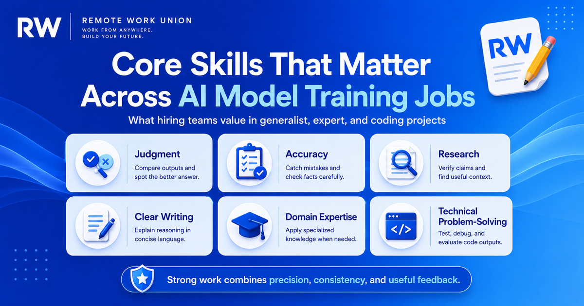 Core skills for AI model training jobs including writing, domain expertise, coding, research, and instruction-following — Remote Work Union Article 92