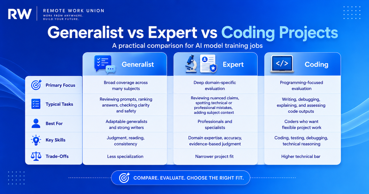 Comparison of generalist, expert, and coding AI model training jobs across tasks, required skills, and competition level — Remote Work Union Article 92