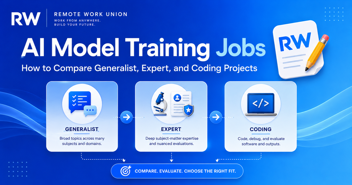Remote Work Union: AI model training jobs guide comparing generalist, expert, and coding project types