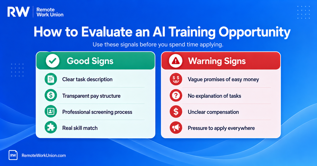 How to evaluate a paid AI training opportunity before applying — checklist graphic from Remote Work Union Article 93