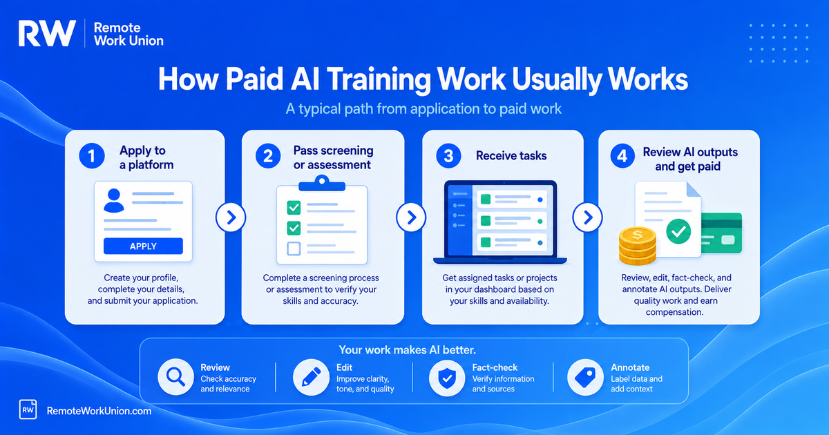 Workflow showing how paid AI training work moves from task assignment to review, feedback, and payment — Remote Work Union Article 93