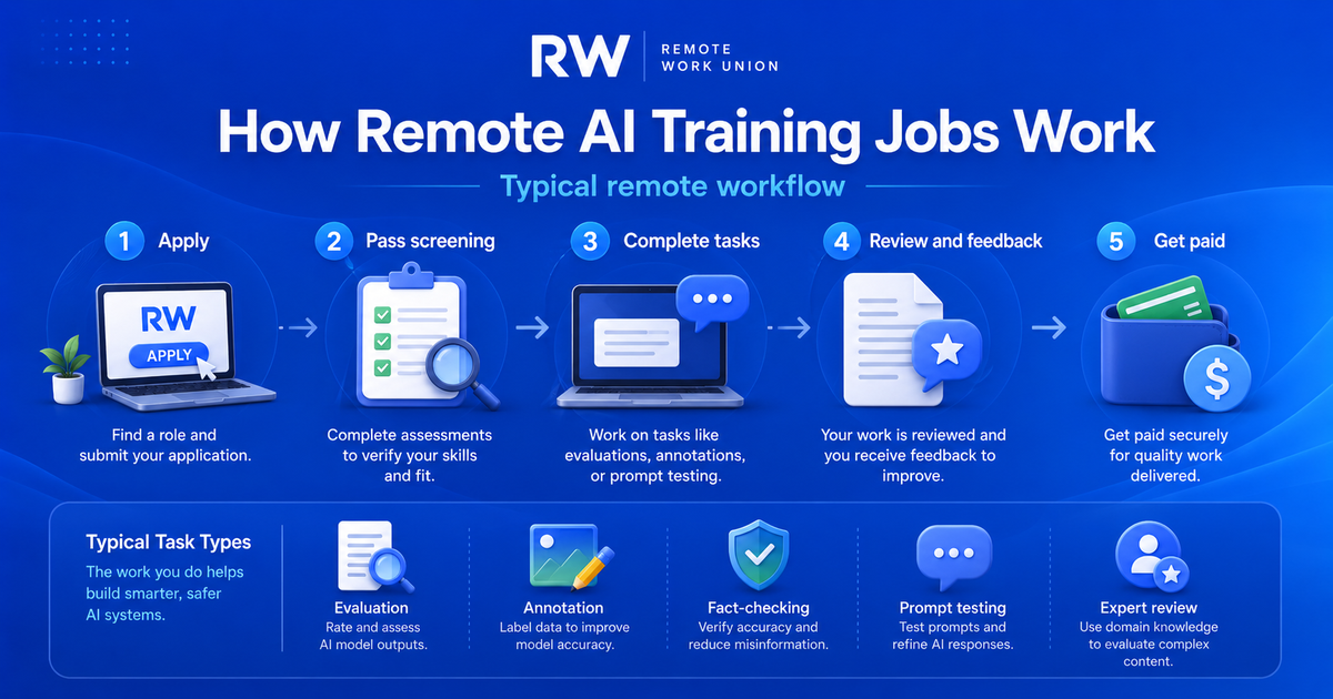 Remote AI training job workflow showing task assignment, evaluation, feedback submission, and quality review — Remote Work Union Article 94